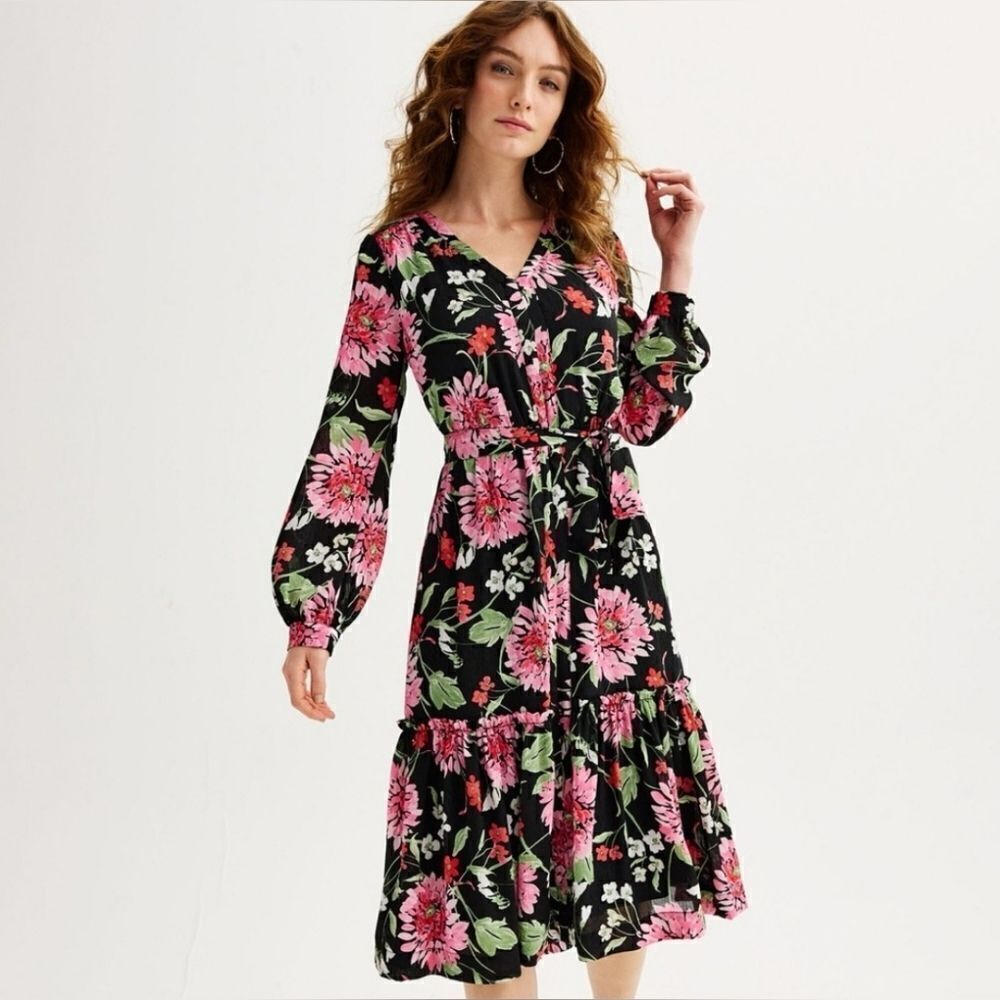 DRAPER JAMES RSVP Long Sleeve Tiered Midi Dress Black Floral - Size X-Small